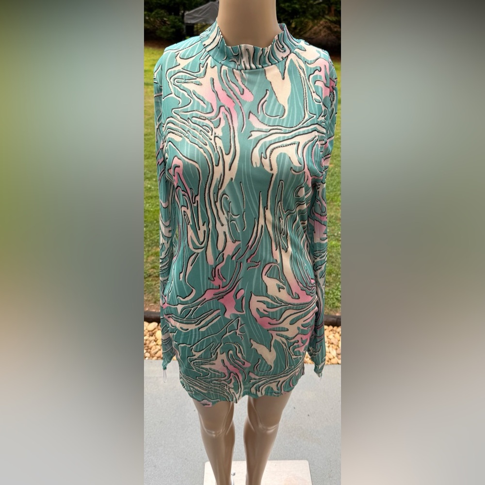 Blanc Noir Green and Pink Sheath Dress with Mock Neck